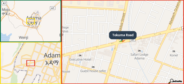 Map showing the address of Tokuma Road in three different zoom levels.