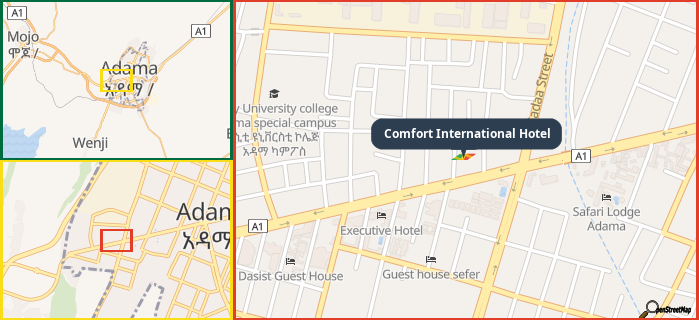 Map showing the address of Comfort International Hotel in three different zoom levels.