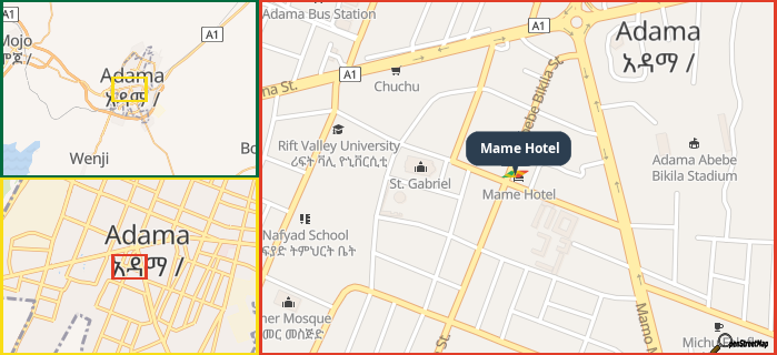 Map showing the address of Mame Hotel in three different zoom levels.