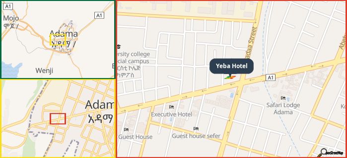 Map showing the address of Yeba Hotel in three different zoom levels.