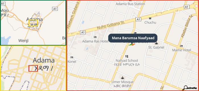 Map showing the address of Mana Barumsa Naafyaad in three different zoom levels.