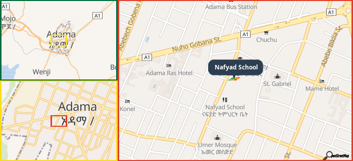 Map showing the address of Nafyad School in three different zoom levels.