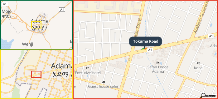 Map showing the address of Tokuma Road in three different zoom levels.