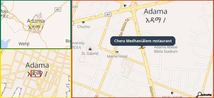 Map showing the address of Cheru Medhaniâlem restaurant in three different zoom levels.