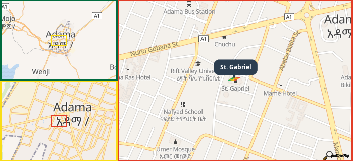 Map showing the address of St. Gabriel in three different zoom levels.