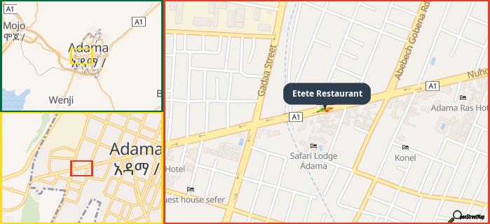 Map showing the address of Etete Restaurant in three different zoom levels.