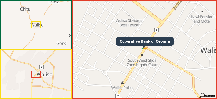 Map showing the address of Coperative Bank of Oromia in three different zoom levels.