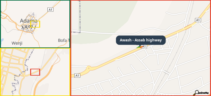 Map showing the address of Awash - Assab highway in three different zoom levels.