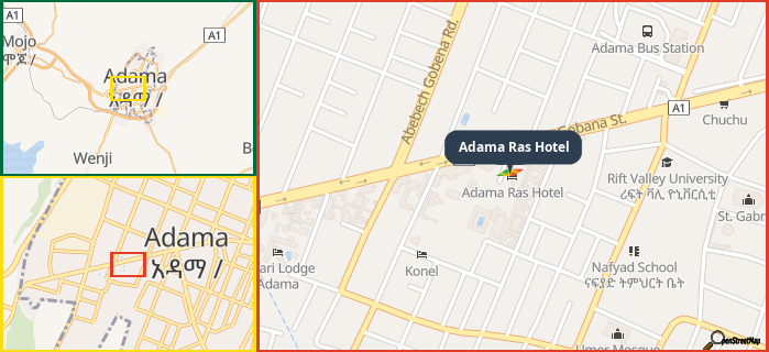 Map showing the address of Adama Ras Hotel in three different zoom levels.