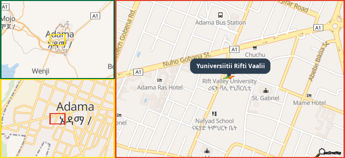 Map showing the address of Yuniversiitii Rifti Vaalii in three different zoom levels.