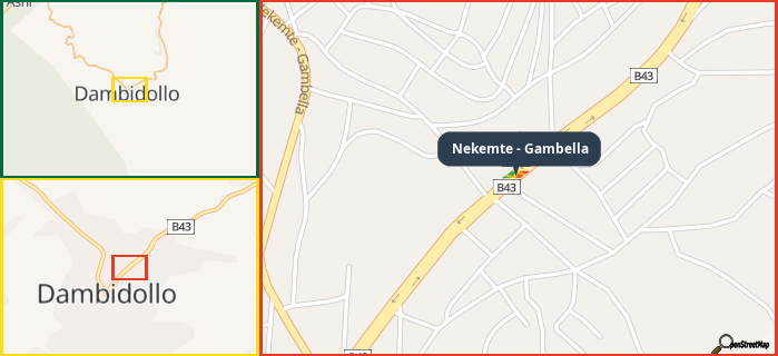 Map showing the address of Nekemte - Gambella in three different zoom levels.