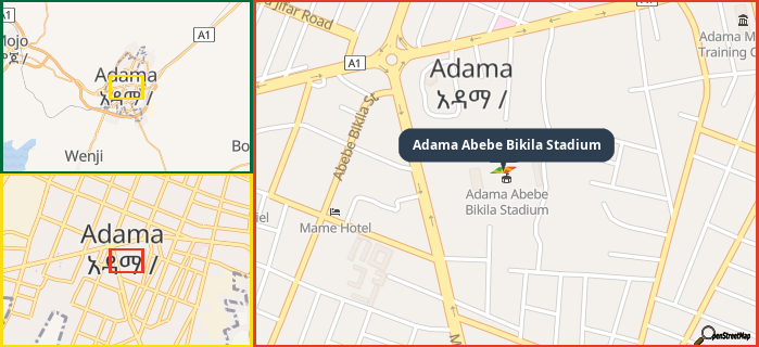 Map showing the address of Adama Abebe Bikila Stadium in three different zoom levels.