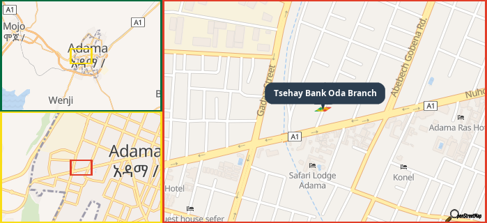 Map showing the address of Tsehay Bank Oda Branch in three different zoom levels.