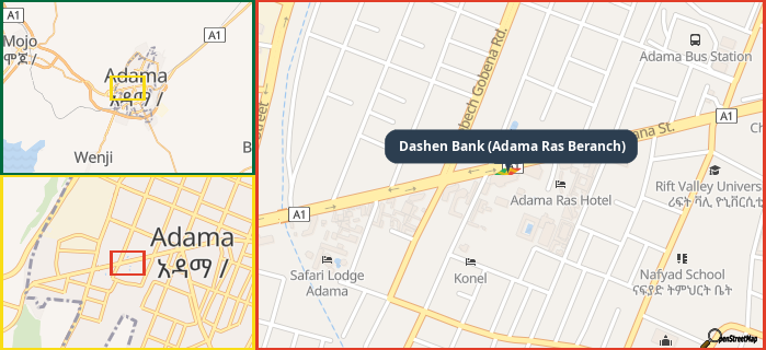 Map showing the address of Dashen Bank (Adama Ras Beranch) in three different zoom levels.