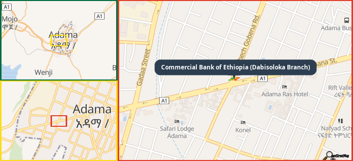 Map showing the address of Commercial Bank of Ethiopia (Dabisoloka Branch) in three different zoom levels.
