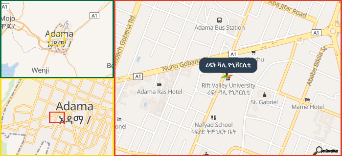 Map showing the address of ሪፍት ቫሊ ዮኒቨርሲቲ in three different zoom levels.