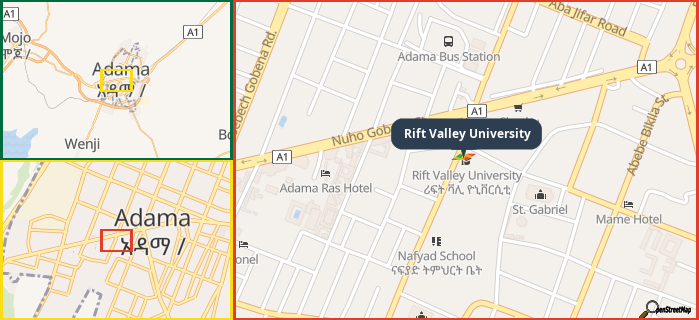 Map showing the address of Rift Valley University in three different zoom levels.