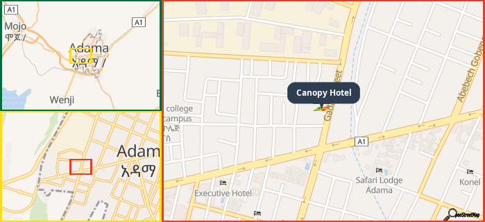Map showing the address of Canopy Hotel in three different zoom levels.
