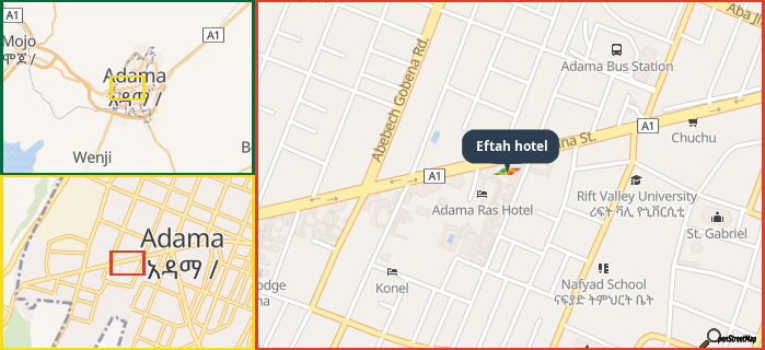 Map showing the address of Eftah hotel in three different zoom levels.