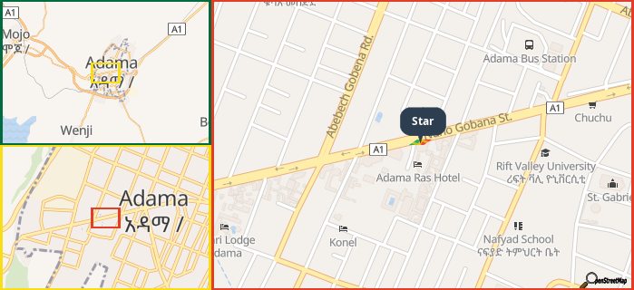 Map showing the address of Star in three different zoom levels.