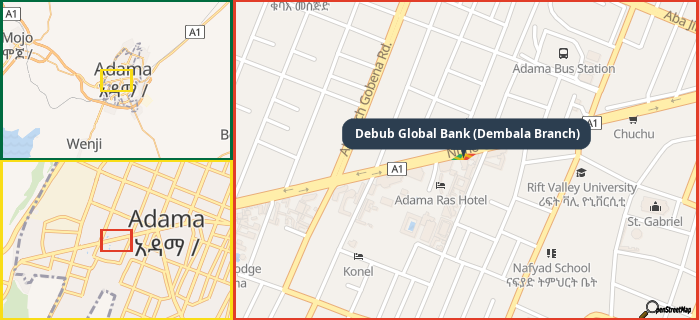 Map showing the address of Debub Global Bank (Dembala Branch) in three different zoom levels.