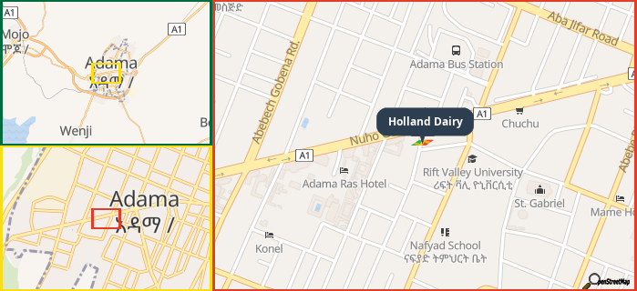 Map showing the address of Holland Dairy in three different zoom levels.