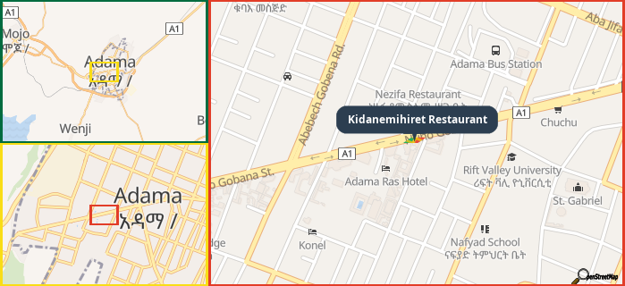 Map showing the address of Kidanemihiret Restaurant in three different zoom levels.