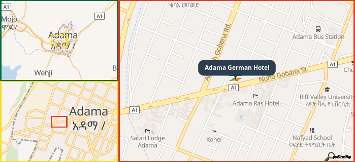 Map showing the address of Adama German Hotel in three different zoom levels.
