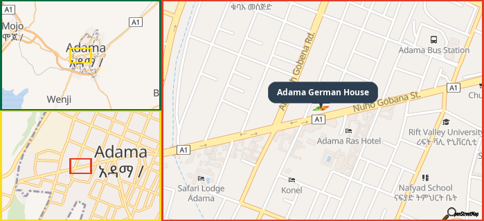 Map showing the address of Adama German House in three different zoom levels.