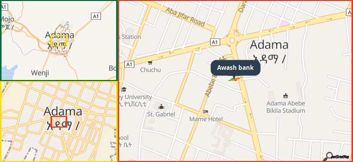 Map showing the address of Awash bank in three different zoom levels.