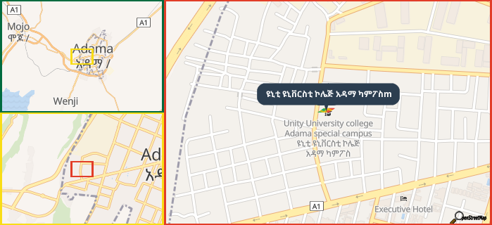 Map showing the address of ዩኒቲ ዩኒቨርስቲ ኮሌጅ አዳማ ካምፖስm in three different zoom levels.