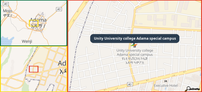 Map showing the address of Unity University college Adama special campus in three different zoom levels.