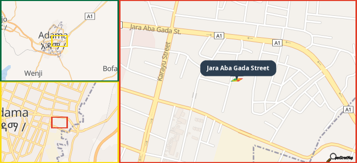 Map showing the address of Jara Aba Gada Street in three different zoom levels.