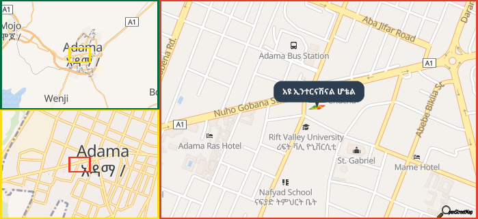 Map showing the address of አዩ ኢንተርናሽናል ሆቴል in three different zoom levels.