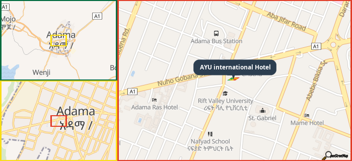 Map showing the address of AYU international Hotel in three different zoom levels.