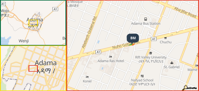 Map showing the address of BM in three different zoom levels.