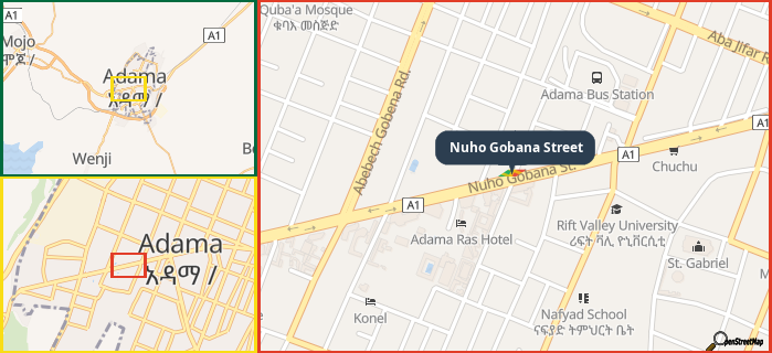 Map showing the address of Nuho Gobana Street in three different zoom levels.