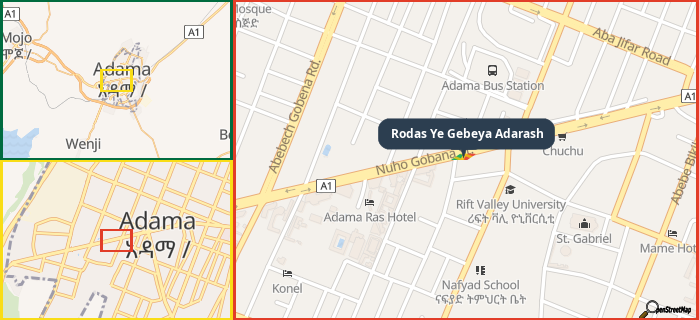 Map showing the address of Rodas Ye Gebeya Adarash in three different zoom levels.
