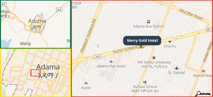 Map showing the address of Merry Gold Hotel in three different zoom levels.