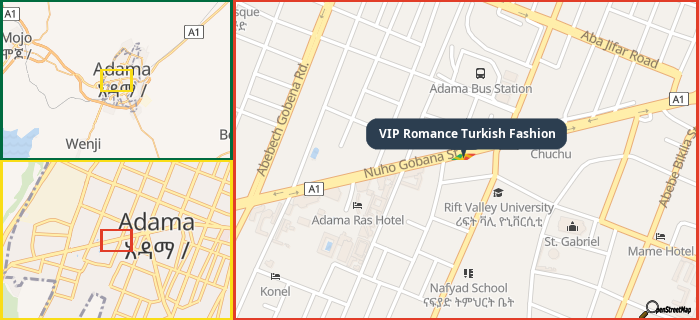 Map showing the address of VIP Romance Turkish Fashion in three different zoom levels.