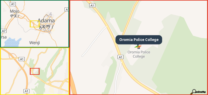 Map showing the address of Oromia Police College in three different zoom levels.
