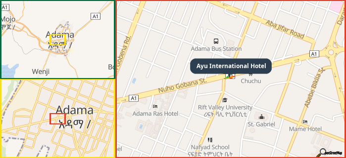 Map showing the address of Ayu International Hotel in three different zoom levels.