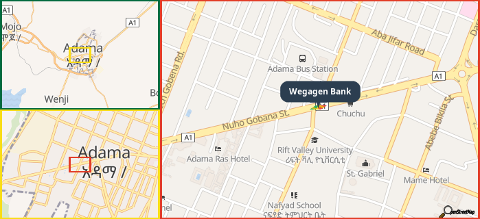 Map showing the address of Wegagen Bank in three different zoom levels.