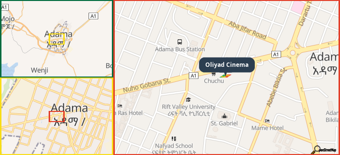 Map showing the address of Oliyad Cinema in three different zoom levels.