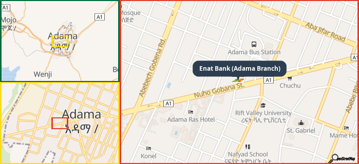 Map showing the address of Enat Bank (Adama Branch) in three different zoom levels.