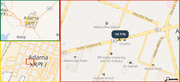 Map showing the address of ንብ ባንክ in three different zoom levels.