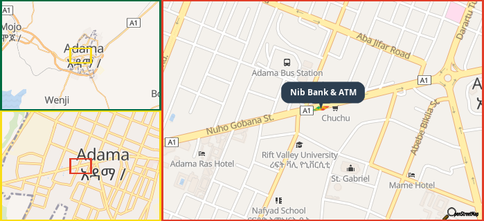 Map showing the address of Nib Bank & ATM in three different zoom levels.