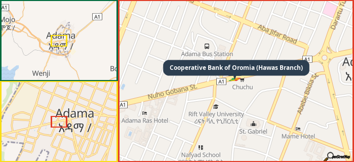 Map showing the address of Cooperative Bank of Oromia (Hawas Branch) in three different zoom levels.