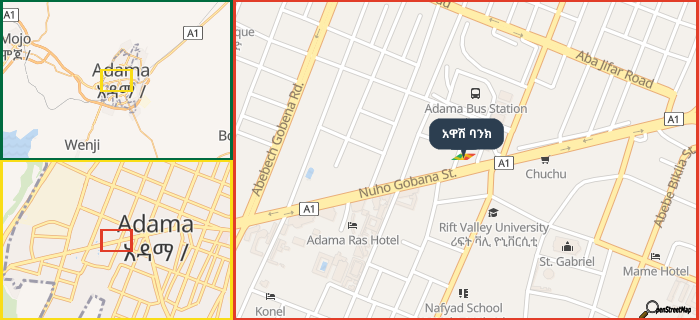 Map showing the address of አዋሽ ባንክ in three different zoom levels.