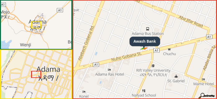 Map showing the address of Awash Bank in three different zoom levels.